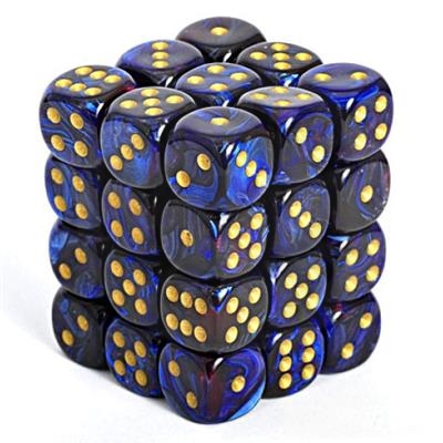 Chessex - 36x D6 kostka - modrá se zlatým písmem